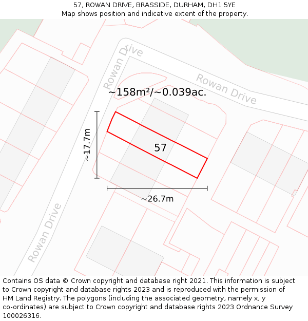 57, ROWAN DRIVE, BRASSIDE, DURHAM, DH1 5YE: Plot and title map