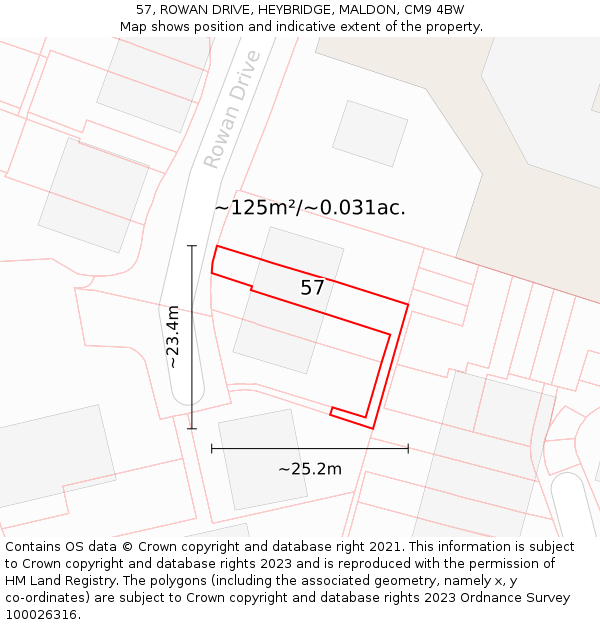 57, ROWAN DRIVE, HEYBRIDGE, MALDON, CM9 4BW: Plot and title map
