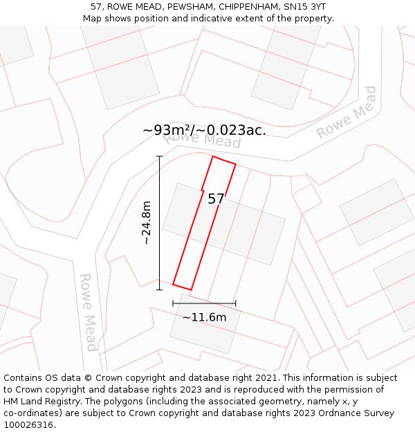 57, ROWE MEAD, PEWSHAM, CHIPPENHAM, SN15 3YT: Plot and title map