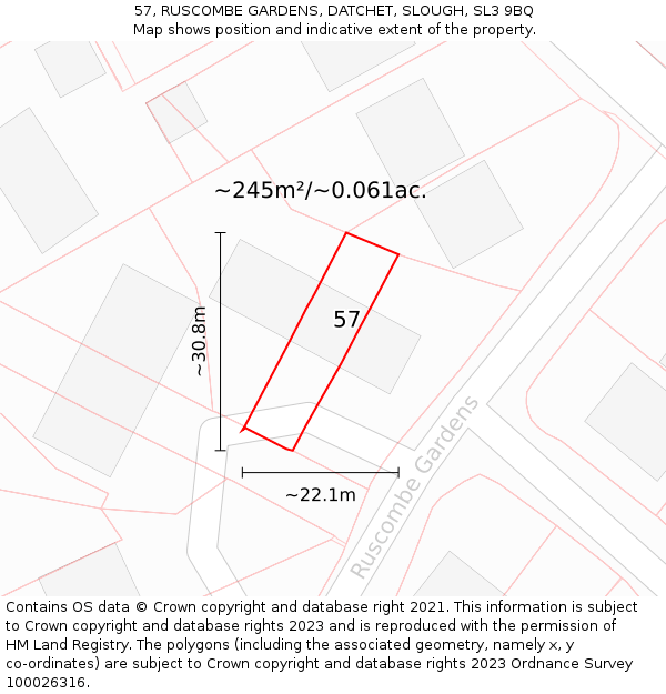 57, RUSCOMBE GARDENS, DATCHET, SLOUGH, SL3 9BQ: Plot and title map