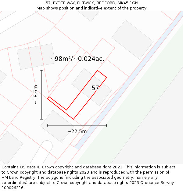 57, RYDER WAY, FLITWICK, BEDFORD, MK45 1GN: Plot and title map