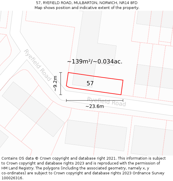 57, RYEFIELD ROAD, MULBARTON, NORWICH, NR14 8FD: Plot and title map