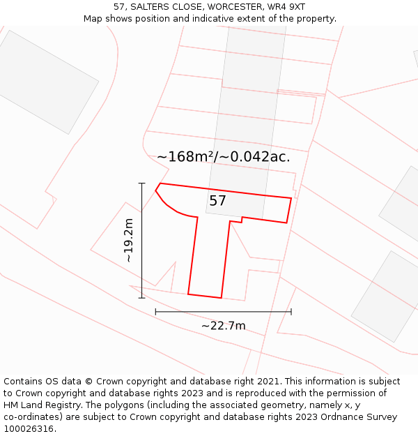 57, SALTERS CLOSE, WORCESTER, WR4 9XT: Plot and title map
