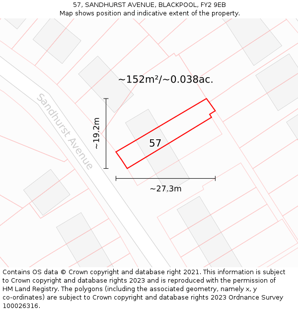 57, SANDHURST AVENUE, BLACKPOOL, FY2 9EB: Plot and title map