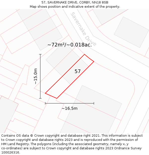 57, SAVERNAKE DRIVE, CORBY, NN18 8SB: Plot and title map