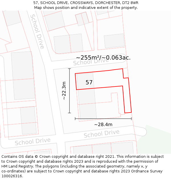 57, SCHOOL DRIVE, CROSSWAYS, DORCHESTER, DT2 8WR: Plot and title map