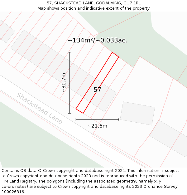 57, SHACKSTEAD LANE, GODALMING, GU7 1RL: Plot and title map