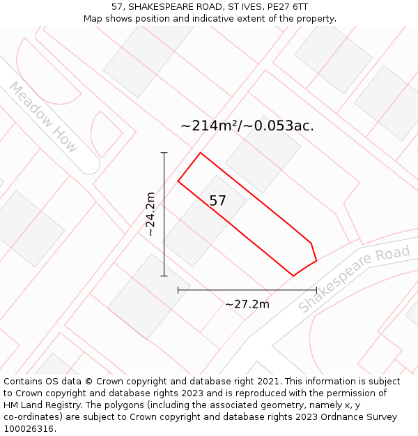 57, SHAKESPEARE ROAD, ST IVES, PE27 6TT: Plot and title map