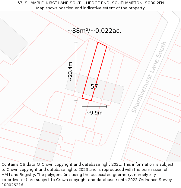 57, SHAMBLEHURST LANE SOUTH, HEDGE END, SOUTHAMPTON, SO30 2FN: Plot and title map