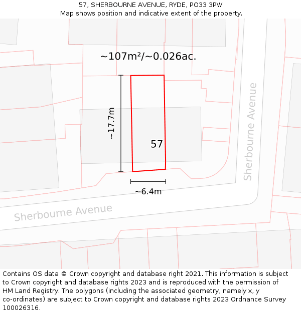 57, SHERBOURNE AVENUE, RYDE, PO33 3PW: Plot and title map