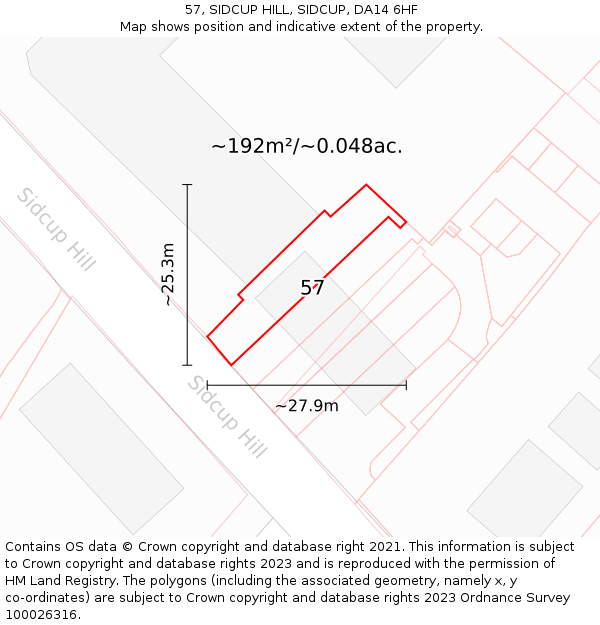 57, SIDCUP HILL, SIDCUP, DA14 6HF: Plot and title map