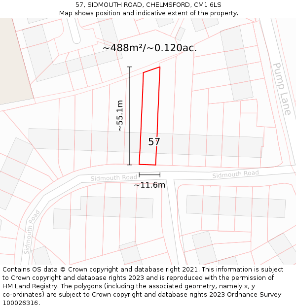 57, SIDMOUTH ROAD, CHELMSFORD, CM1 6LS: Plot and title map