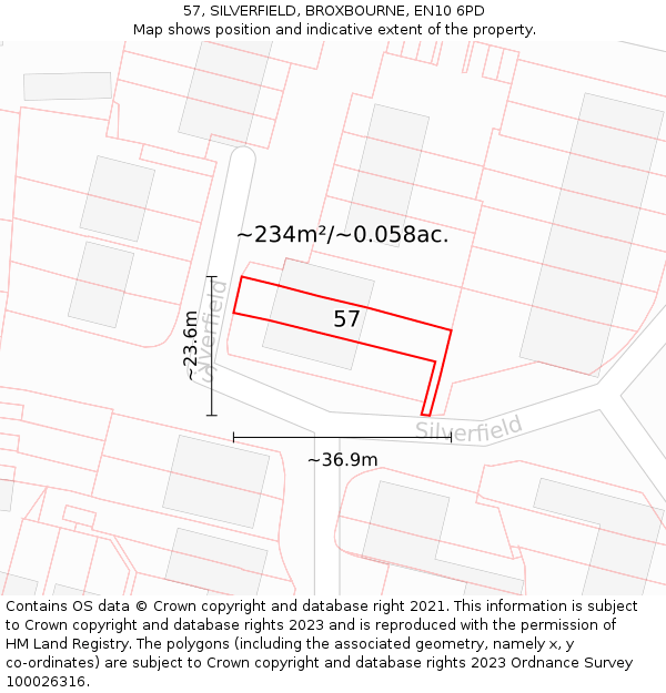 57, SILVERFIELD, BROXBOURNE, EN10 6PD: Plot and title map