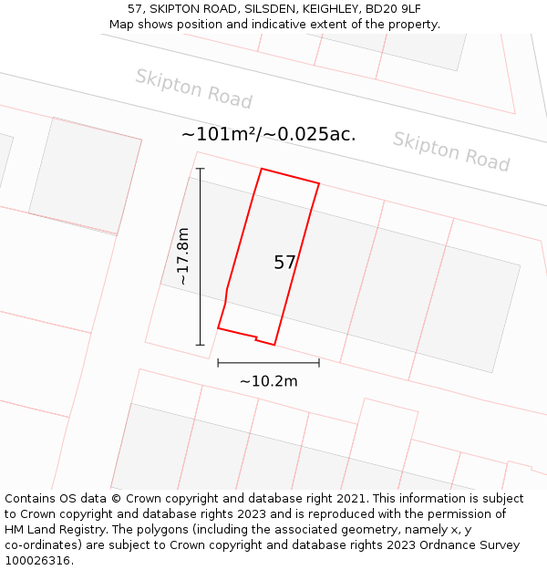 57, SKIPTON ROAD, SILSDEN, KEIGHLEY, BD20 9LF: Plot and title map