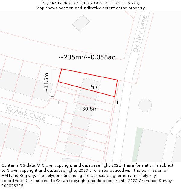 57, SKY LARK CLOSE, LOSTOCK, BOLTON, BL6 4GQ: Plot and title map