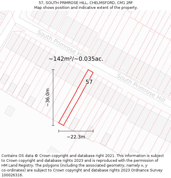 57, SOUTH PRIMROSE HILL, CHELMSFORD, CM1 2RF: Plot and title map