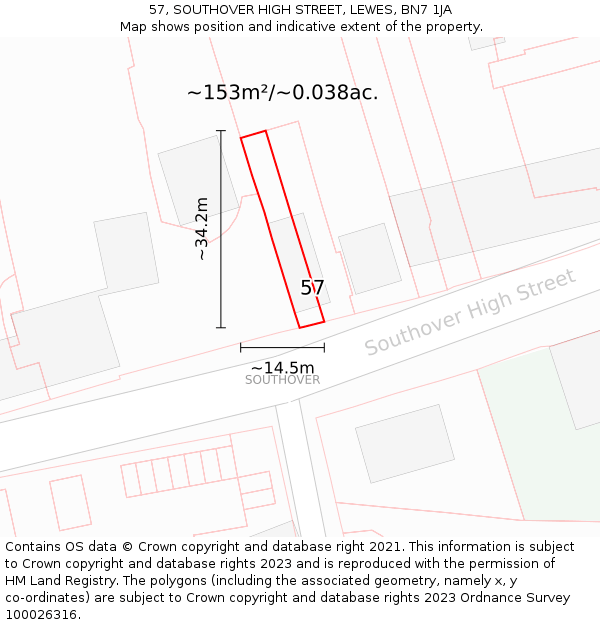 57, SOUTHOVER HIGH STREET, LEWES, BN7 1JA: Plot and title map