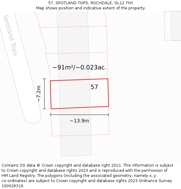 57, SPOTLAND TOPS, ROCHDALE, OL12 7NY: Plot and title map