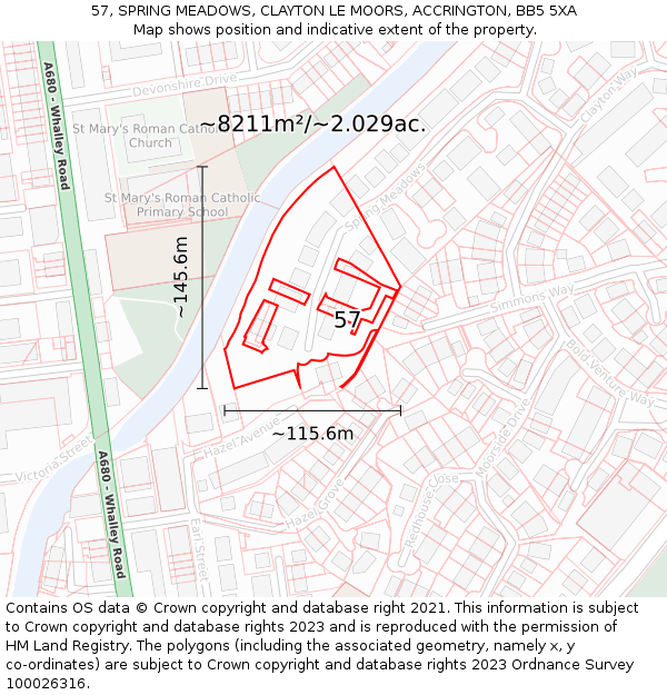 57, SPRING MEADOWS, CLAYTON LE MOORS, ACCRINGTON, BB5 5XA: Plot and title map