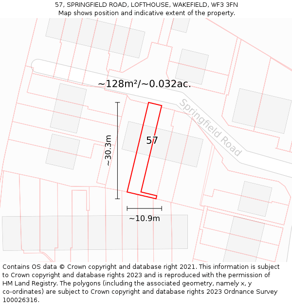 57, SPRINGFIELD ROAD, LOFTHOUSE, WAKEFIELD, WF3 3FN: Plot and title map