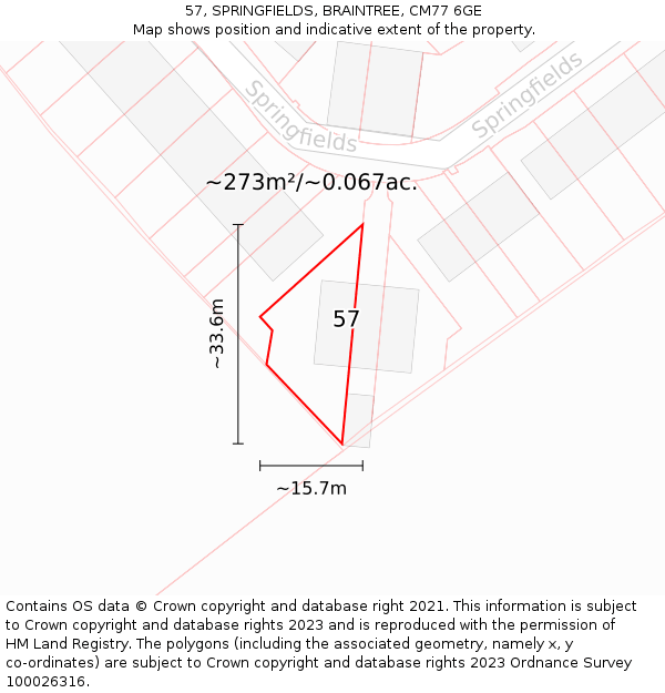 57, SPRINGFIELDS, BRAINTREE, CM77 6GE: Plot and title map