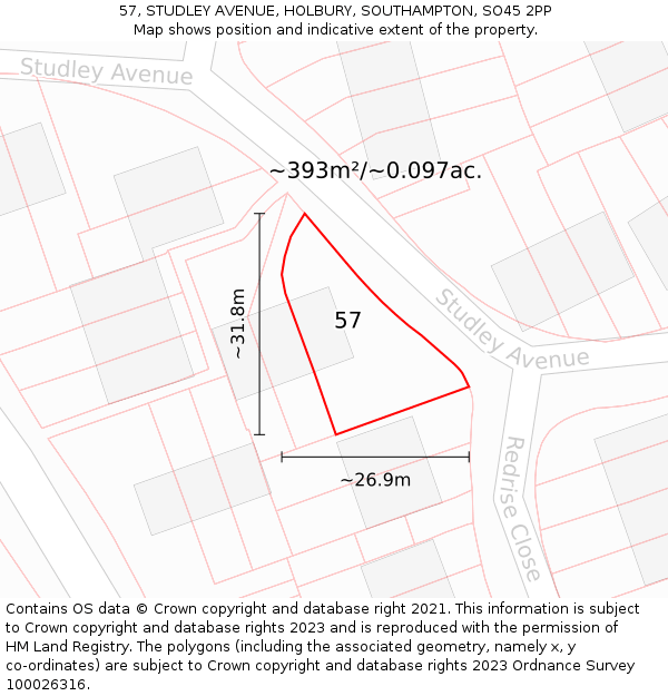 57, STUDLEY AVENUE, HOLBURY, SOUTHAMPTON, SO45 2PP: Plot and title map