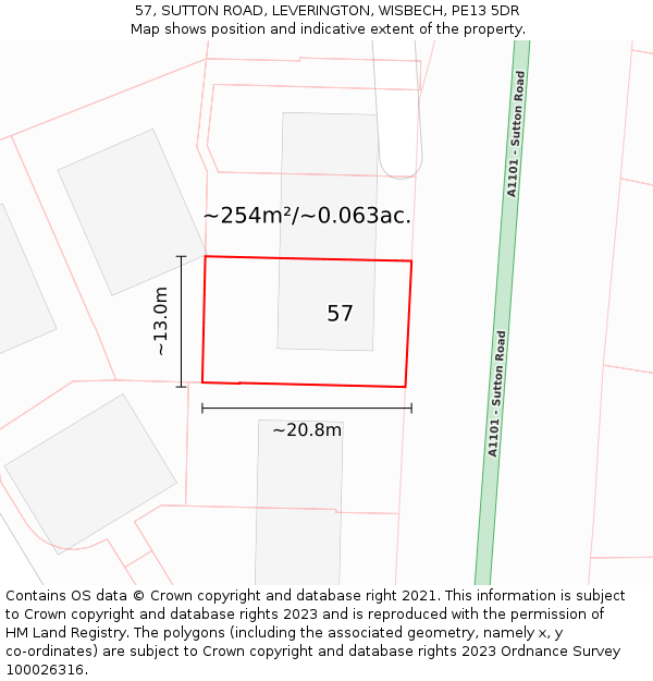 57, SUTTON ROAD, LEVERINGTON, WISBECH, PE13 5DR: Plot and title map