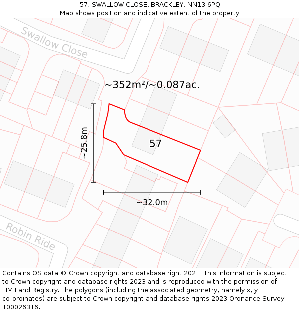 57, SWALLOW CLOSE, BRACKLEY, NN13 6PQ: Plot and title map