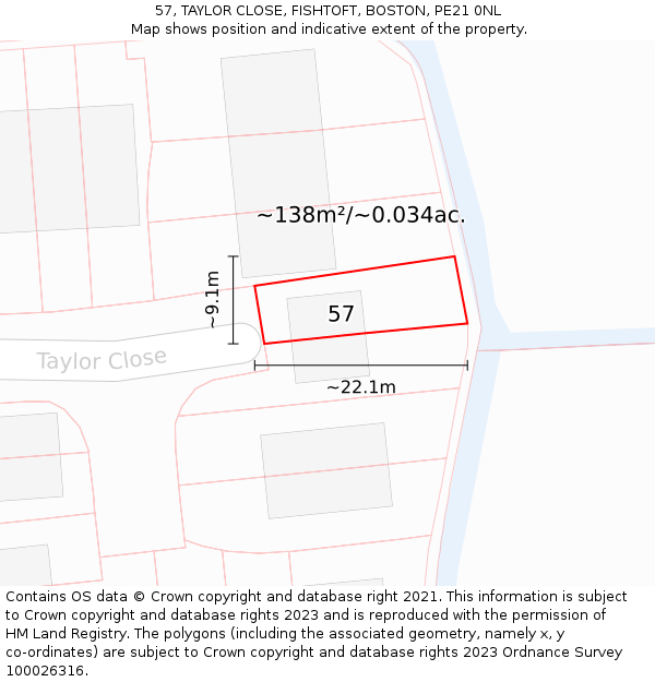 57, TAYLOR CLOSE, FISHTOFT, BOSTON, PE21 0NL: Plot and title map
