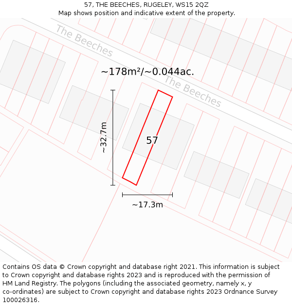 57, THE BEECHES, RUGELEY, WS15 2QZ: Plot and title map