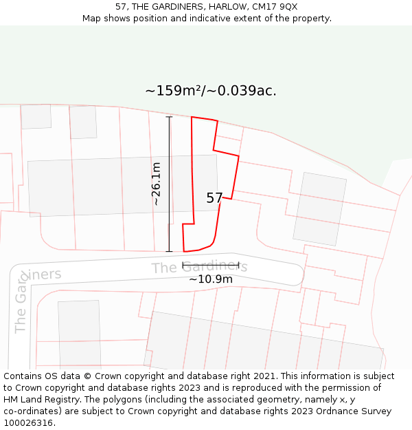 57, THE GARDINERS, HARLOW, CM17 9QX: Plot and title map