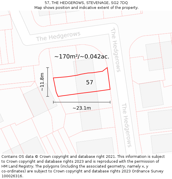 57, THE HEDGEROWS, STEVENAGE, SG2 7DQ: Plot and title map