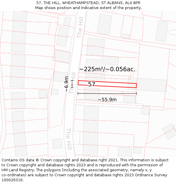 57, THE HILL, WHEATHAMPSTEAD, ST ALBANS, AL4 8PR: Plot and title map