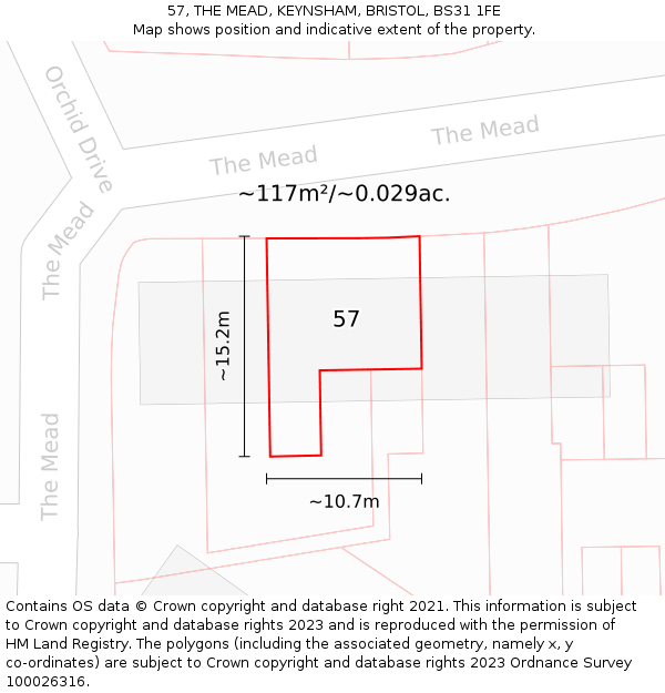 57, THE MEAD, KEYNSHAM, BRISTOL, BS31 1FE: Plot and title map