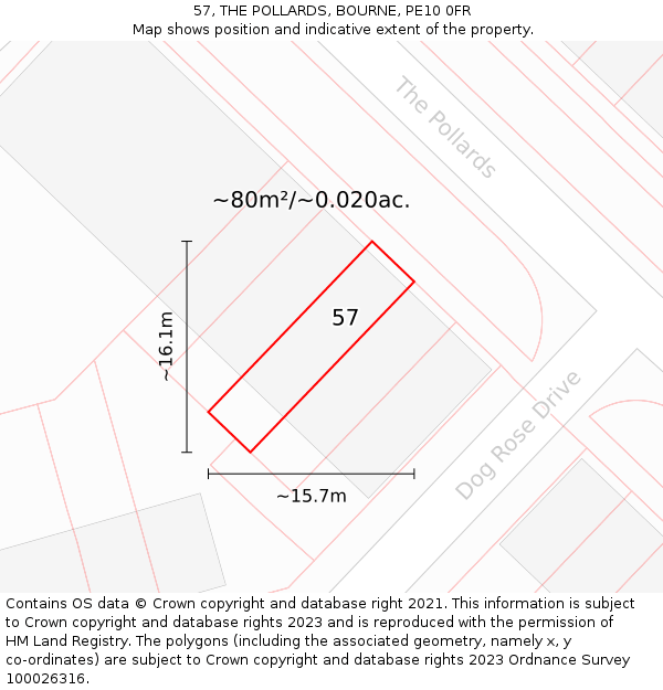 57, THE POLLARDS, BOURNE, PE10 0FR: Plot and title map