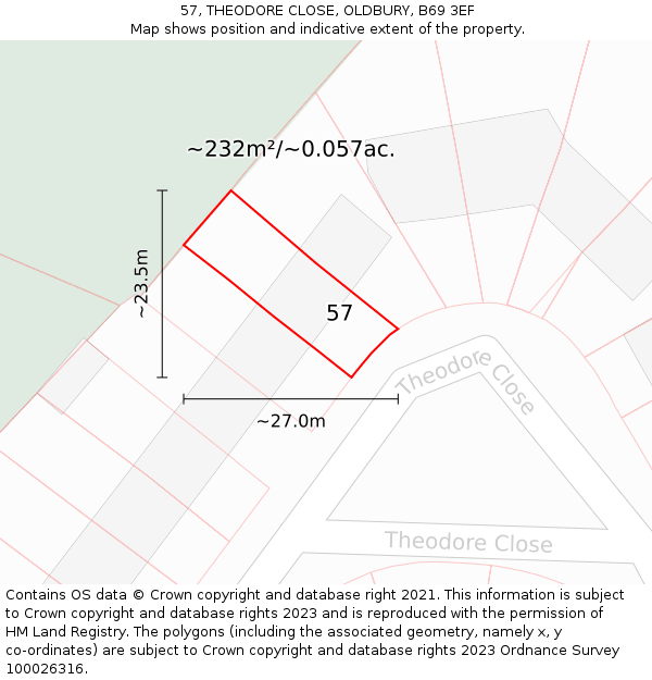57, THEODORE CLOSE, OLDBURY, B69 3EF: Plot and title map
