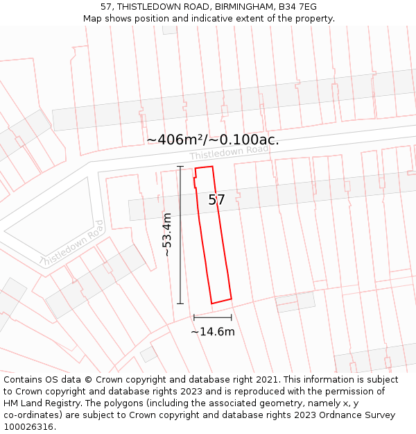 57, THISTLEDOWN ROAD, BIRMINGHAM, B34 7EG: Plot and title map