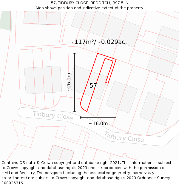 57, TIDBURY CLOSE, REDDITCH, B97 5LN: Plot and title map