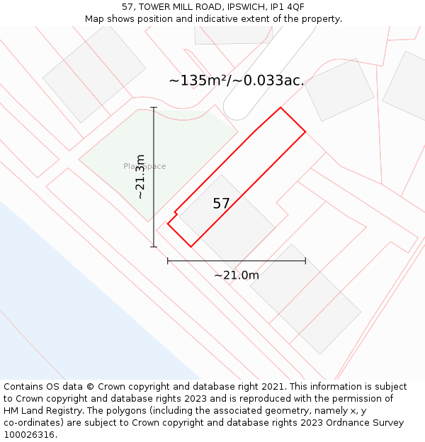 57, TOWER MILL ROAD, IPSWICH, IP1 4QF: Plot and title map