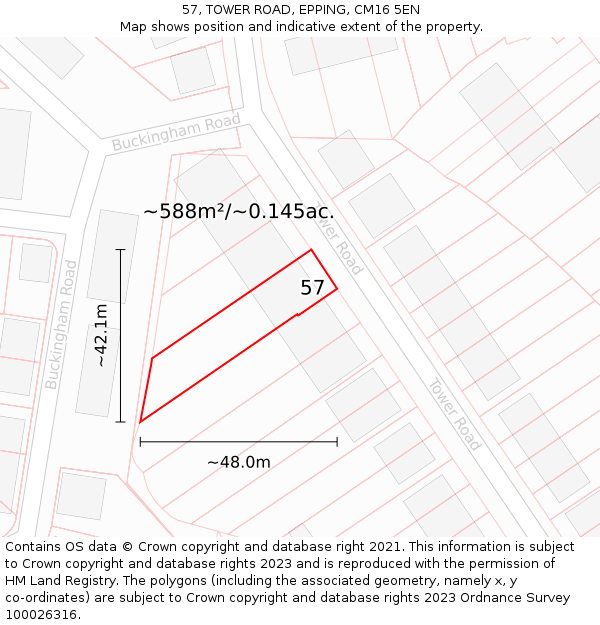 57, TOWER ROAD, EPPING, CM16 5EN: Plot and title map