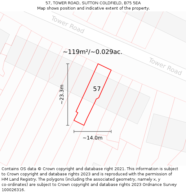 57, TOWER ROAD, SUTTON COLDFIELD, B75 5EA: Plot and title map