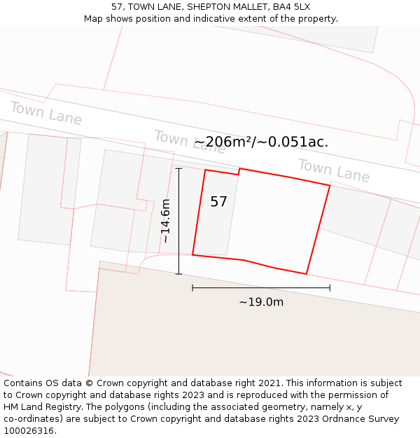 57, TOWN LANE, SHEPTON MALLET, BA4 5LX: Plot and title map