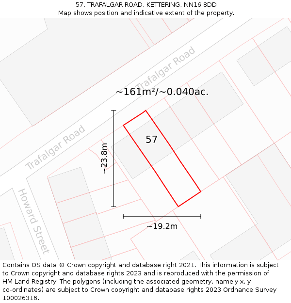 57, TRAFALGAR ROAD, KETTERING, NN16 8DD: Plot and title map