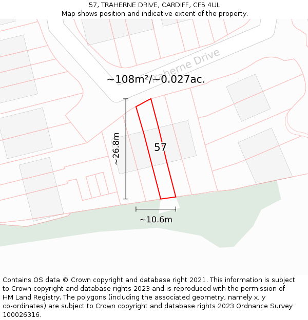 57, TRAHERNE DRIVE, CARDIFF, CF5 4UL: Plot and title map
