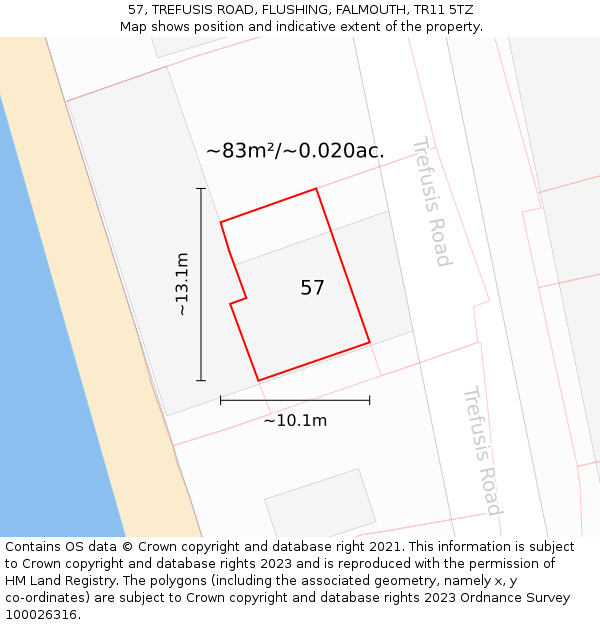 57, TREFUSIS ROAD, FLUSHING, FALMOUTH, TR11 5TZ: Plot and title map