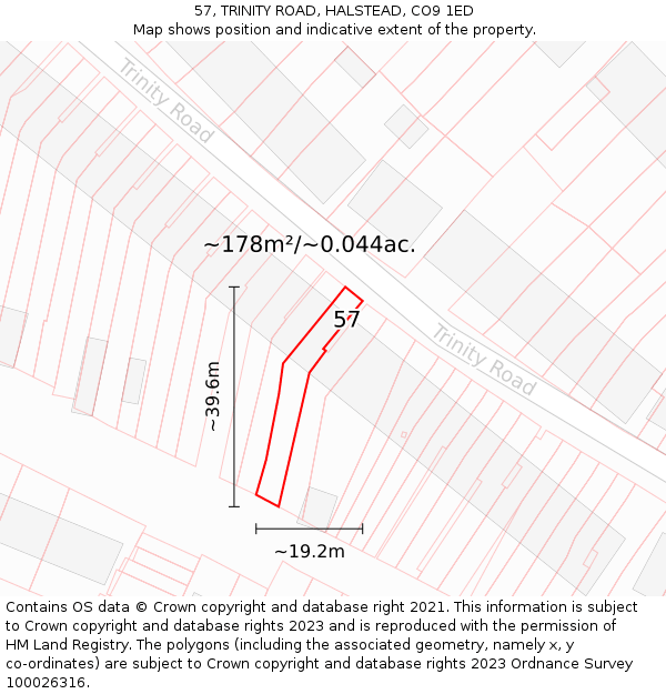 57, TRINITY ROAD, HALSTEAD, CO9 1ED: Plot and title map