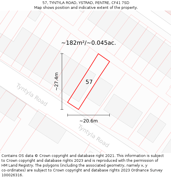 57, TYNTYLA ROAD, YSTRAD, PENTRE, CF41 7SD: Plot and title map