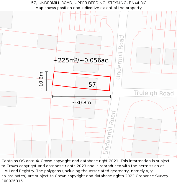 57, UNDERMILL ROAD, UPPER BEEDING, STEYNING, BN44 3JG: Plot and title map