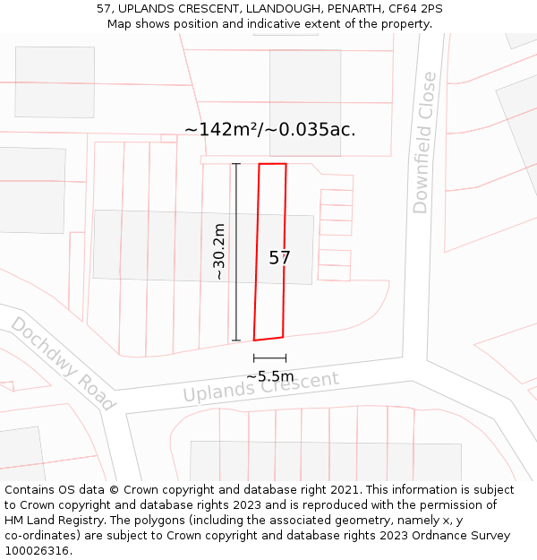 57, UPLANDS CRESCENT, LLANDOUGH, PENARTH, CF64 2PS: Plot and title map