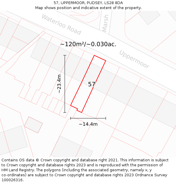 57, UPPERMOOR, PUDSEY, LS28 8DA: Plot and title map